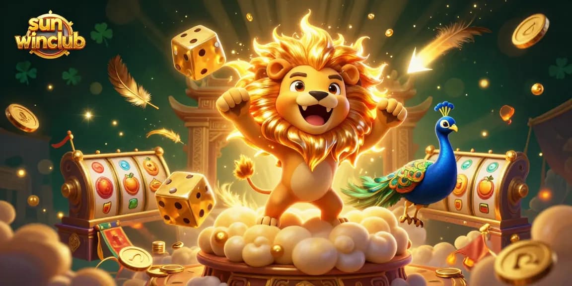 Engage with sun-winclub's vibrant online gambling scene featuring a dynamic sun lion, golden dice, and thrilling game elements.