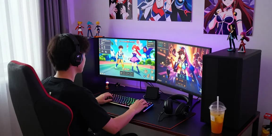 Immersive scene of a gamer focused on hentai games, vibrant displays, and anime decor.