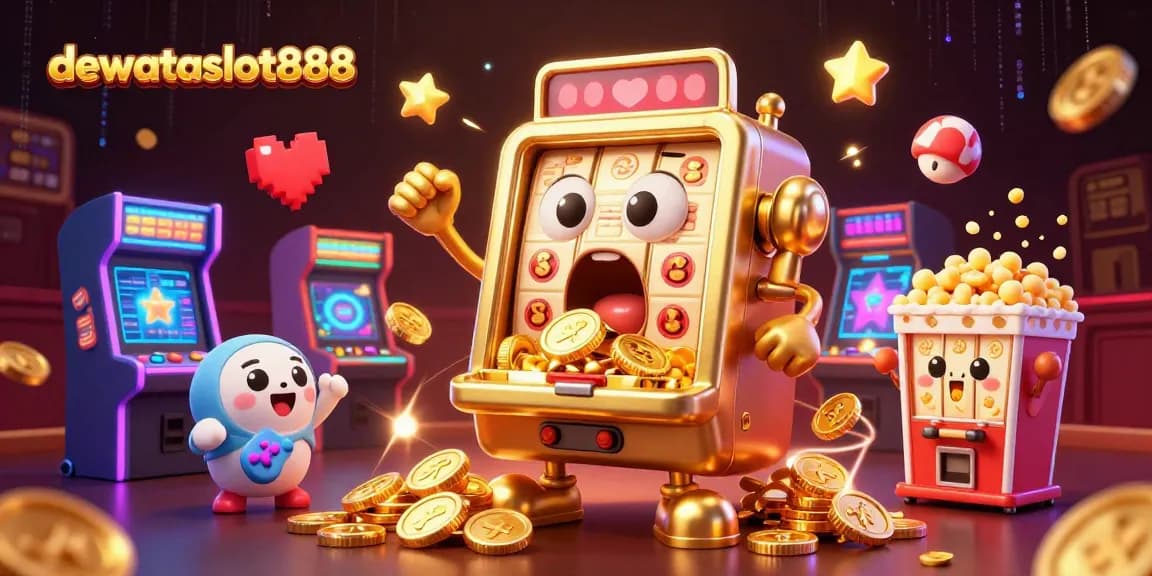 dewataslot888 merayakan jackpot besar dengan mesin slot emas dan koin berlimpah di sekelilingnya