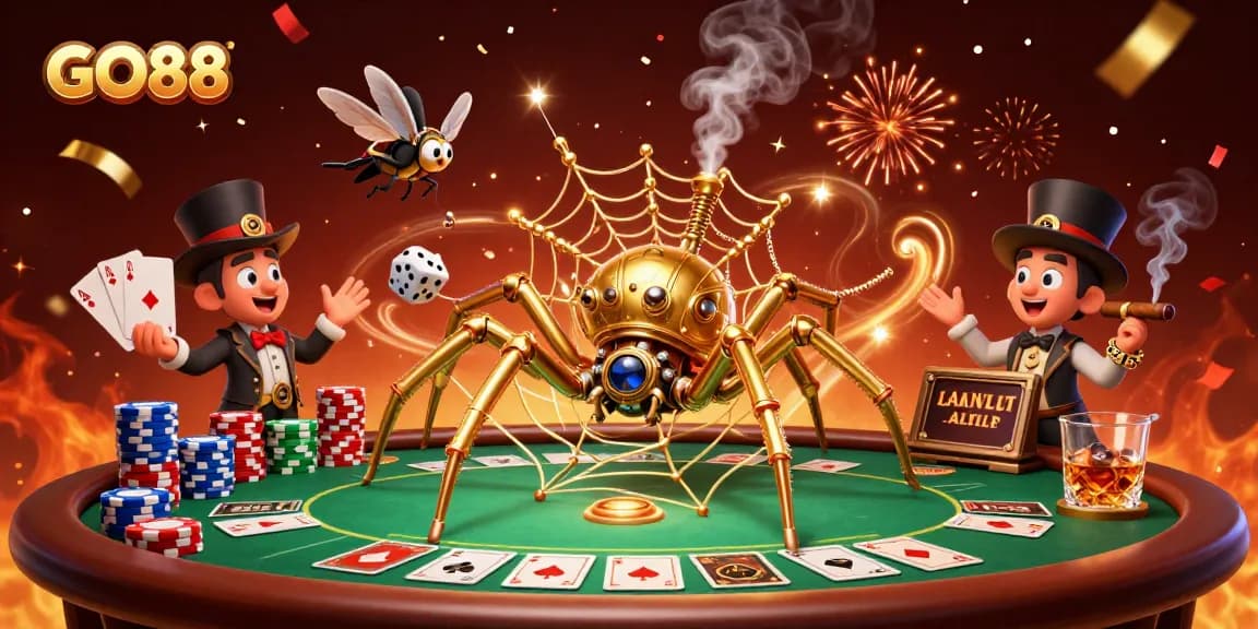 Experience thrilling gameplay at GO88 with a steampunk spider catching dice in a vibrant casino