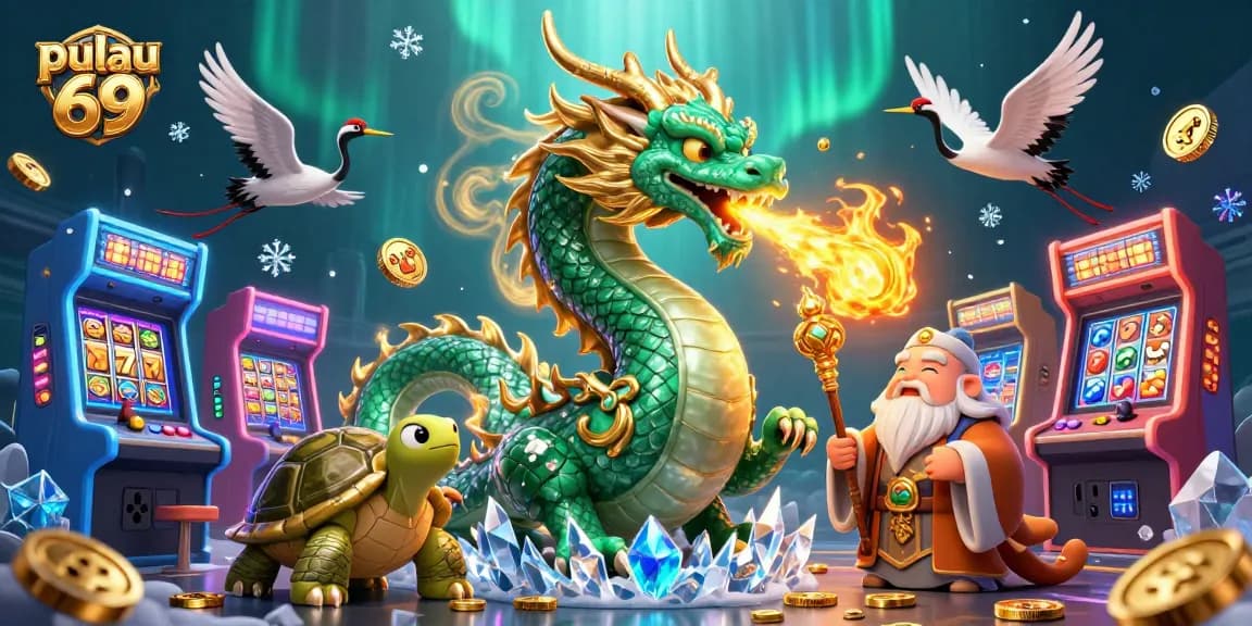 Engage with pulau 69's dynamic gaming experience featuring an emerald jade dragon and traditional symbols.