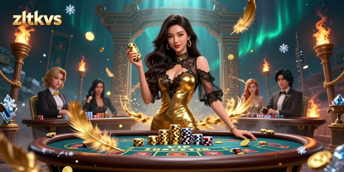 Players enjoy high-stakes baccarat at zltkvs, surrounded by golden tokens and a luxurious atmosphere.