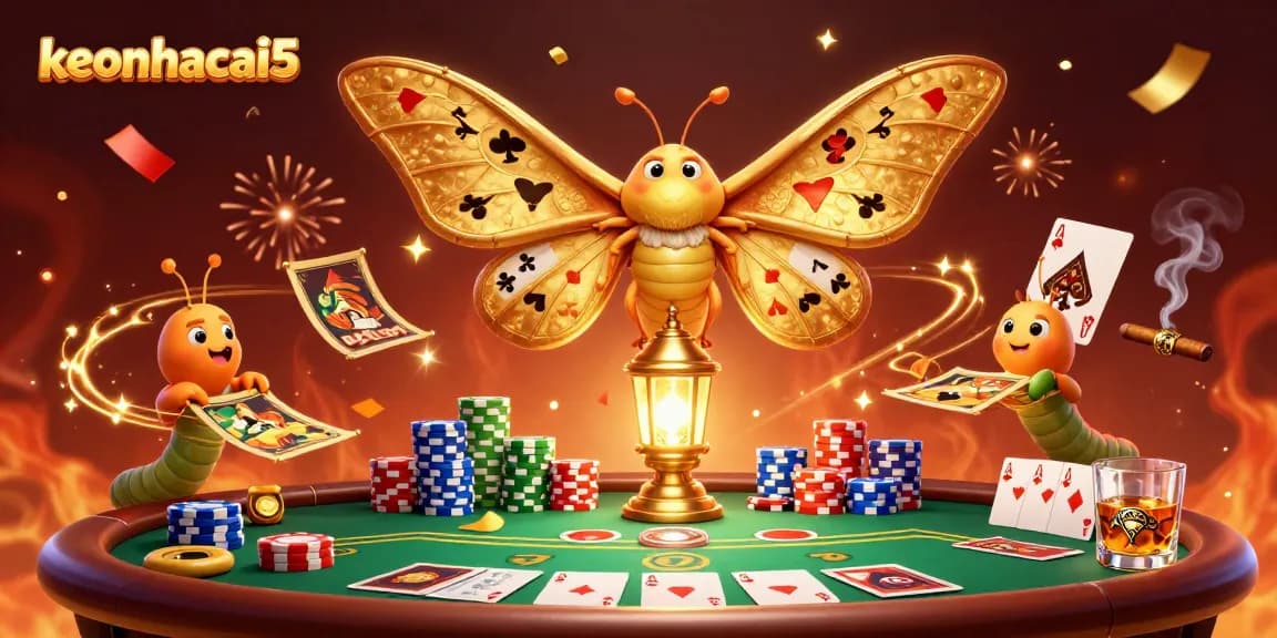 Engage with keonhacai5's dynamic casino scene featuring a majestic moth and vibrant poker elements.