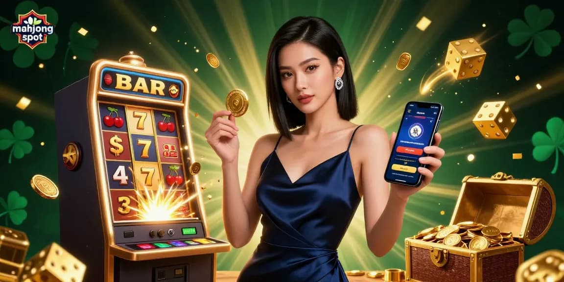Engage with mahjong slot excitement through a vibrant 3D illustration showcasing a confident woman with gaming symbols.