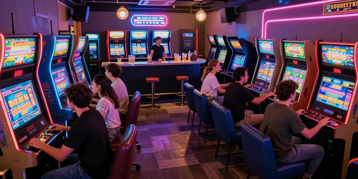 Pengunjung menguji keberuntungan di situs slot gacor dengan mesin slot yang penuh warna dan suasana yang meriah.