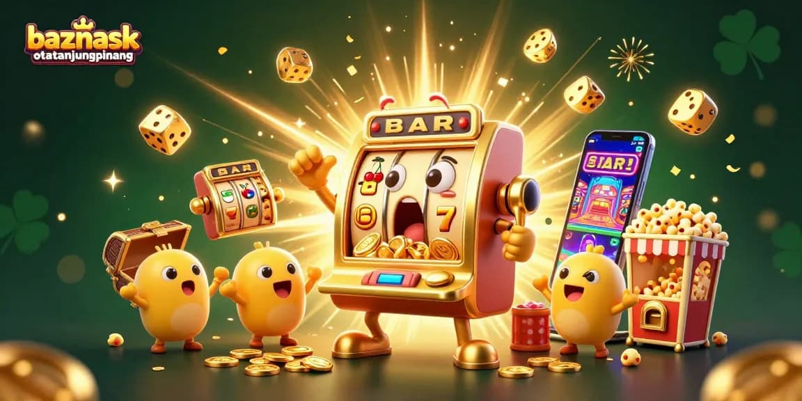 The golden slot machine hit a jackpot with coins pouring out, showcasing baznaskotatanjungpinang's vibrant casino excitement.