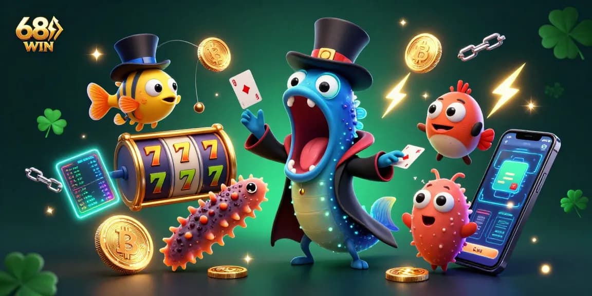 Experience dynamic gaming thrills with 68WIN's 3D illustration featuring magical elements and vibrant jackpots.