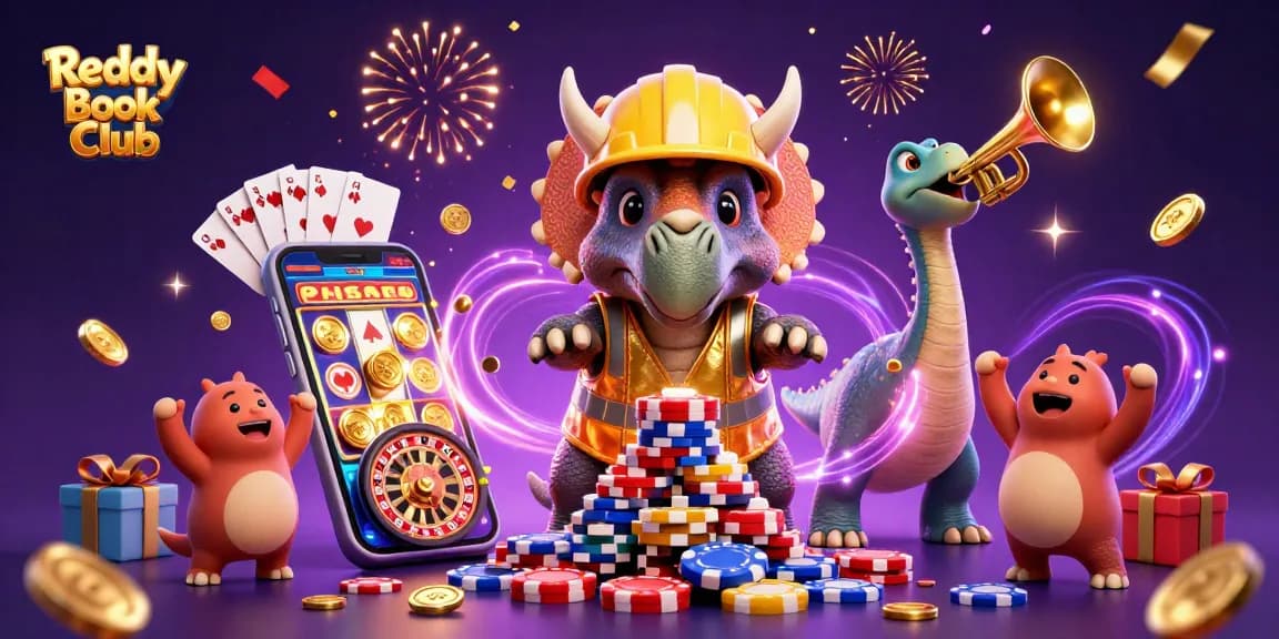 Experience exciting gambling action with Reddy Book Club's vibrant 3D illustration showcasing slot games and poker.