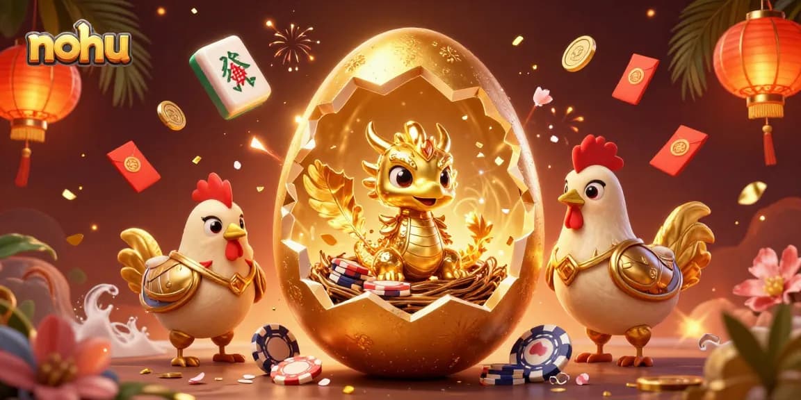 Nohu's vibrant casino scene showcases a golden dragon amidst poker chips, inviting players to luck.