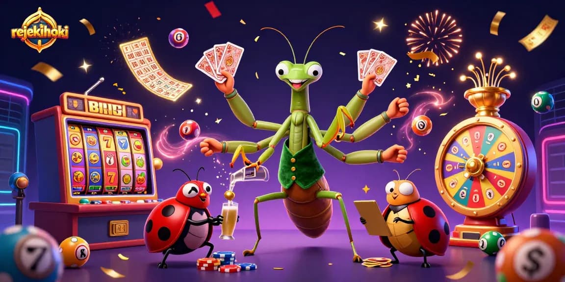 Experience winning at rejekihoki with vibrant 3D casino elements, slot games, and energetic characters.