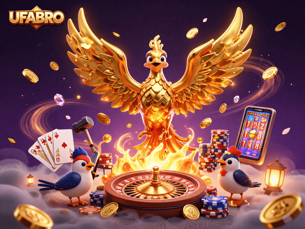 Experience thrilling wins at UFABRO with a golden phoenix surrounded by cascading coins and dazzling game elements.