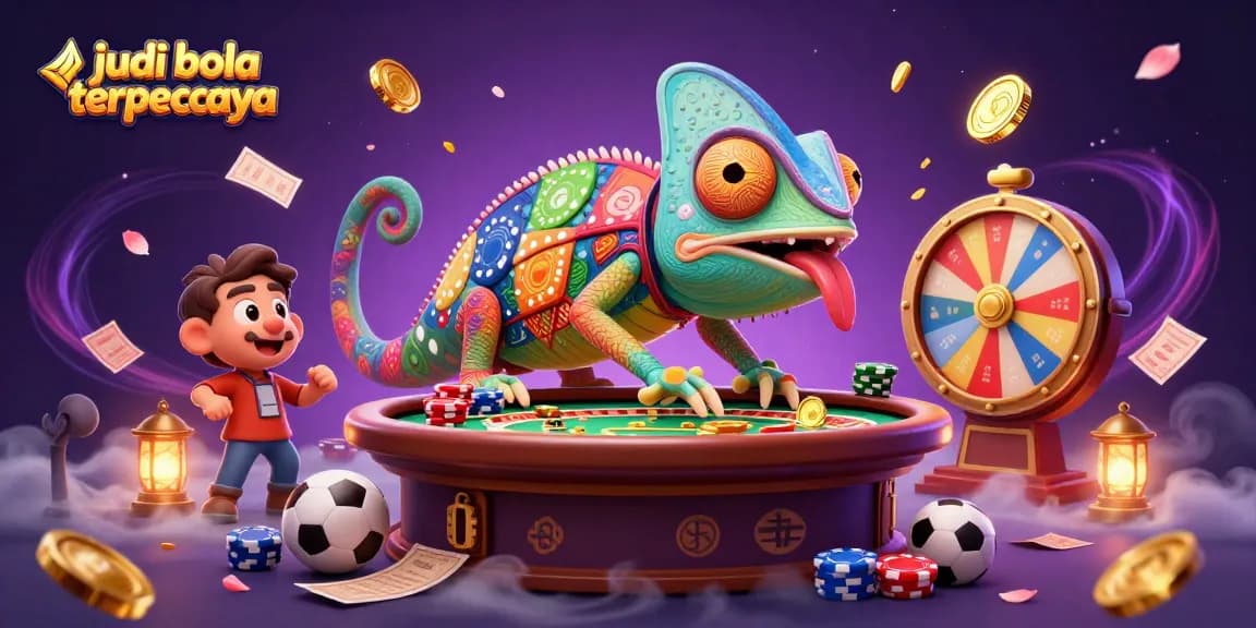 Engage in exciting betting with judi bola terpercaya, a cartoon chameleon owner, sports elements, and dynamic visuals.