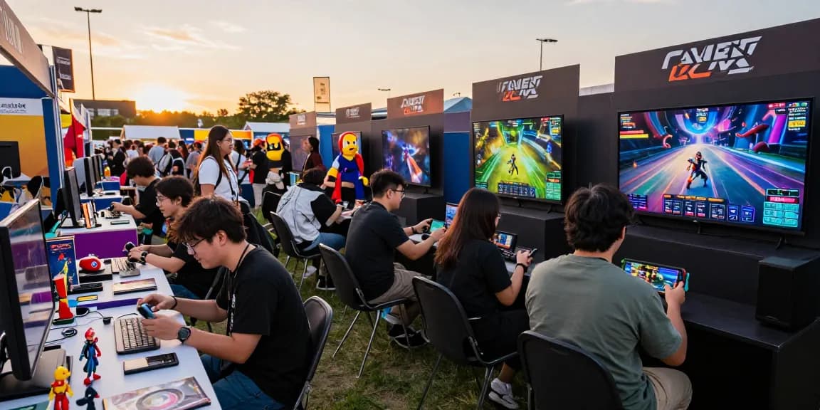 Friends enjoying the hit club gaming festival, surrounded by vibrant booths and eSports displays