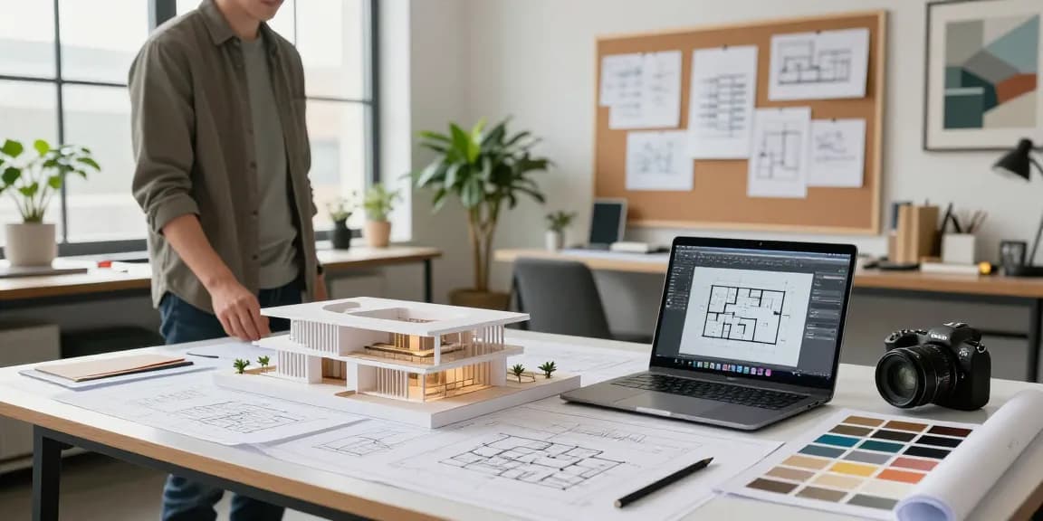 Di studio desain arsitektur modern, seorang arsitek menunjukkan rencana bangunan inovatif di https://miami4d.com/ dengan sketsa dan model 3D.