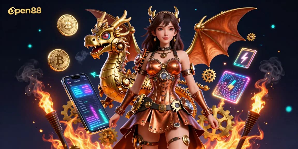 Engage with open88's thrilling gaming universe featuring a captivating steampunk dragon amidst digital currencies.