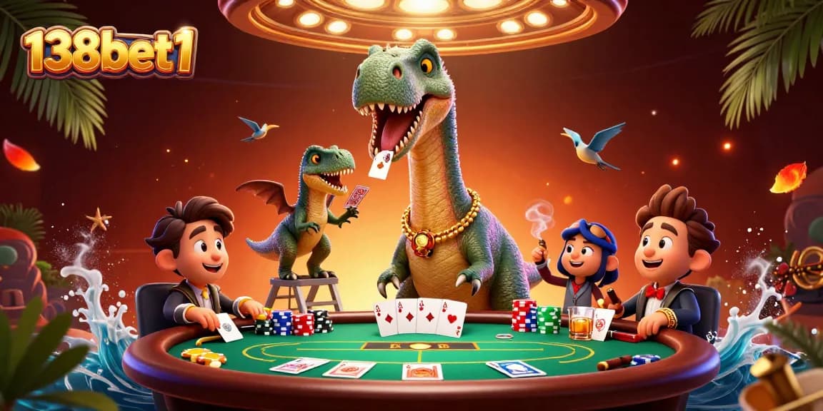 Embark on epic gaming adventures at 138bet1, featuring a brontosaurus interacting at a bustling poker table.