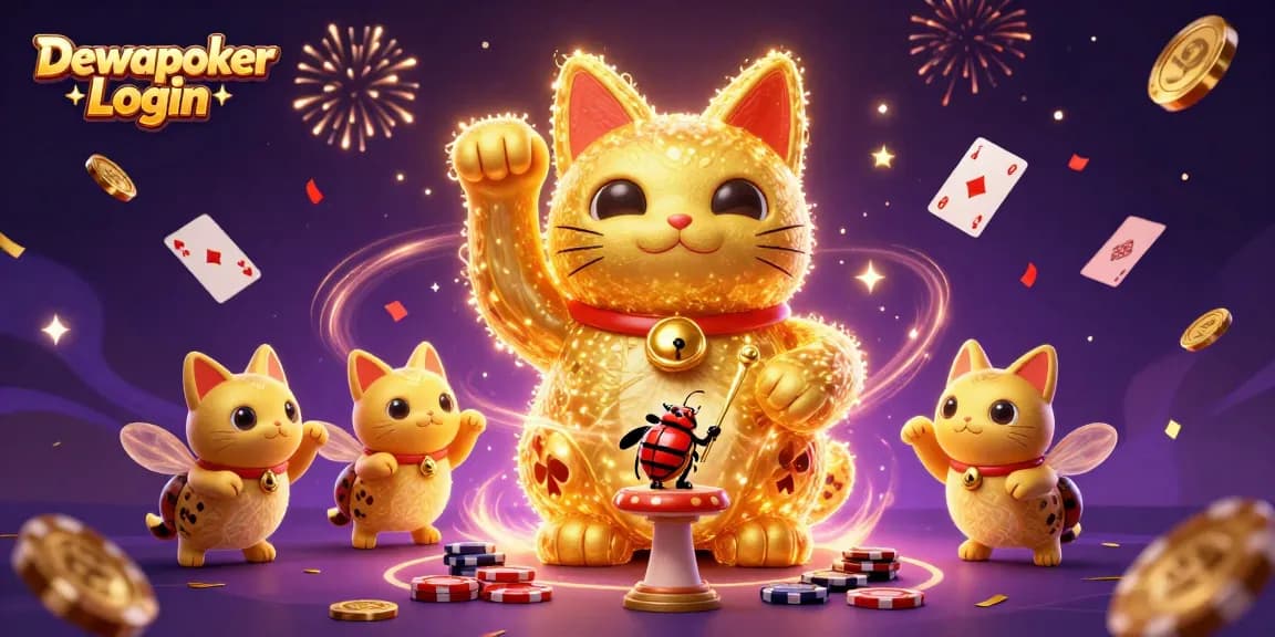 Engage with the Dewapoker Login scene featuring vibrant poker elements and a lucky cat.