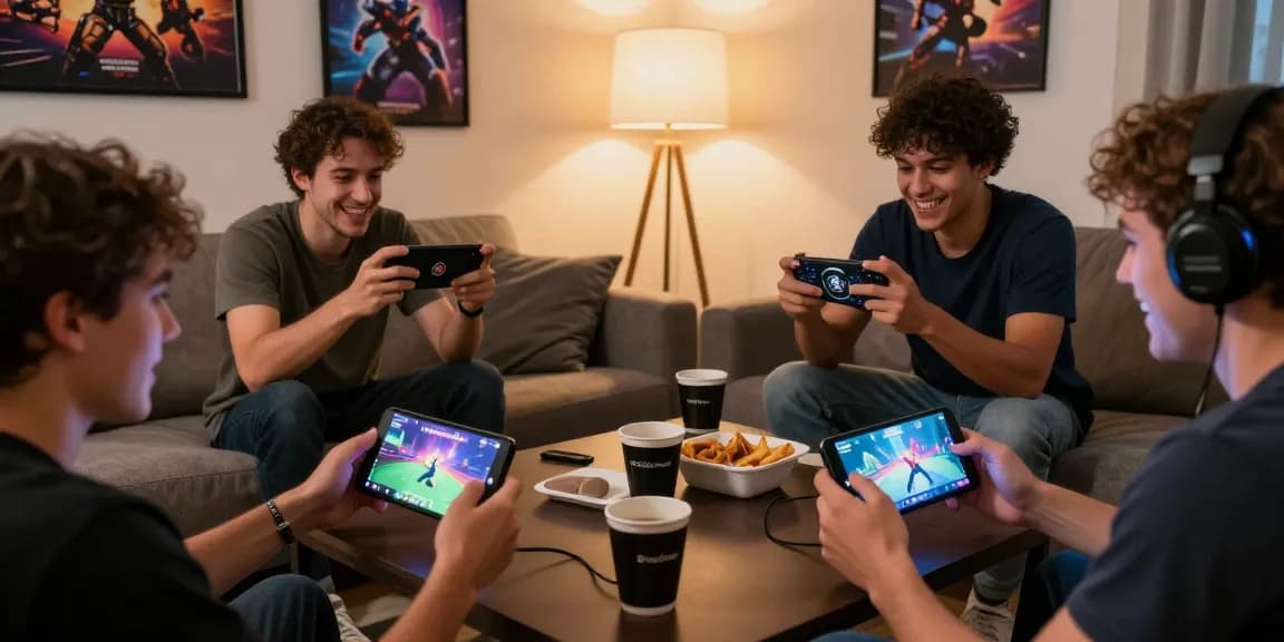 Tiranga Games players enjoying a dynamic gaming session on mobile devices in a cozy living room.