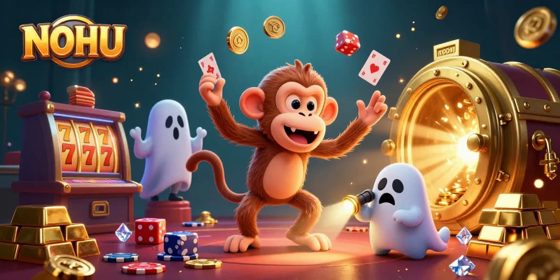 Experience exciting wins at NOHU with a playful poltergeist monkey and ghost-hunter puppy in a rich casino scene.