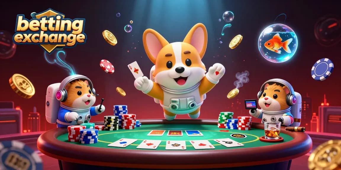 Engage in the betting exchange with a floating corgi astronaut and vibrant casino elements