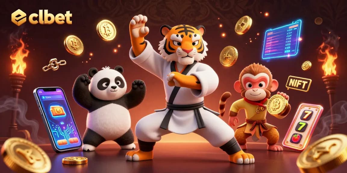 Experience thrills with ECLBet's dynamic gaming hub featuring cartoon animals and crypto elements.