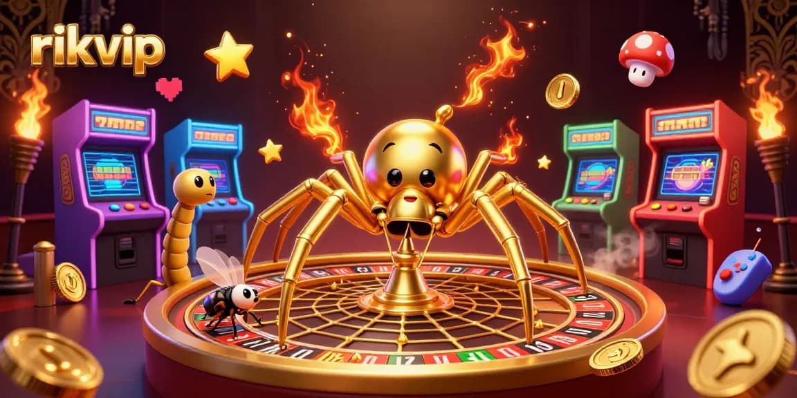 rikvip offers an immersive betting experience with a golden roulette wheel, colorful arcade games, and unique characters.