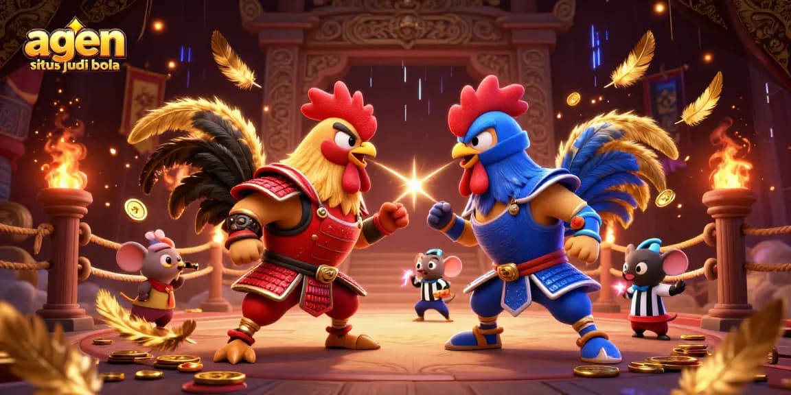 Experience thrilling action in agen situs judi bola with cartoon roosters in battle, surrounded by golden coins.