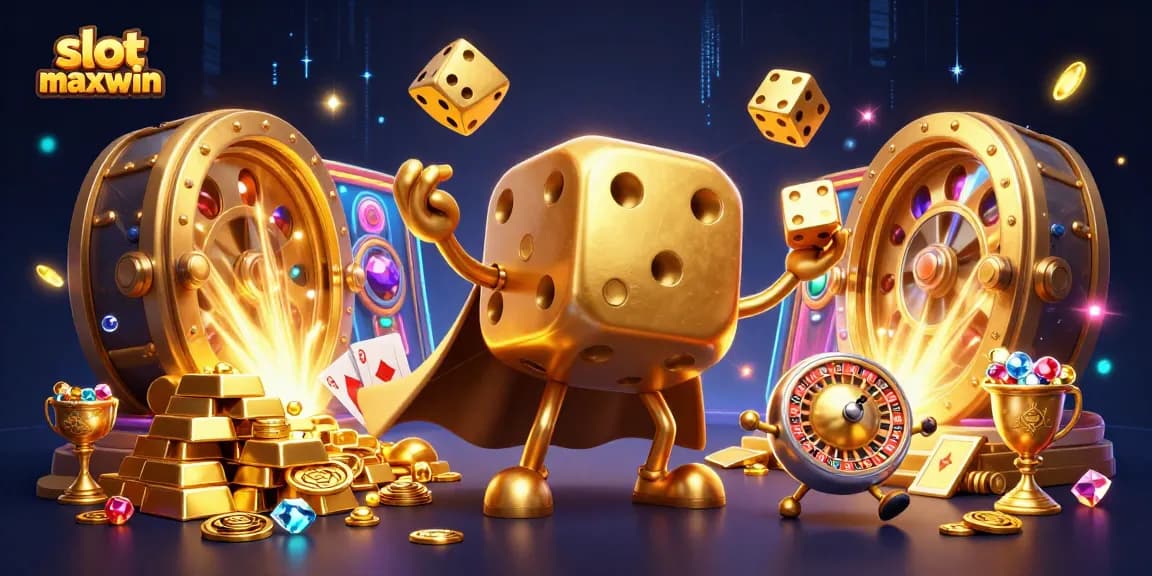 Engage with slot maxwin excitement through a vibrant 3D illustration of a golden dice golem and rich casino elements.