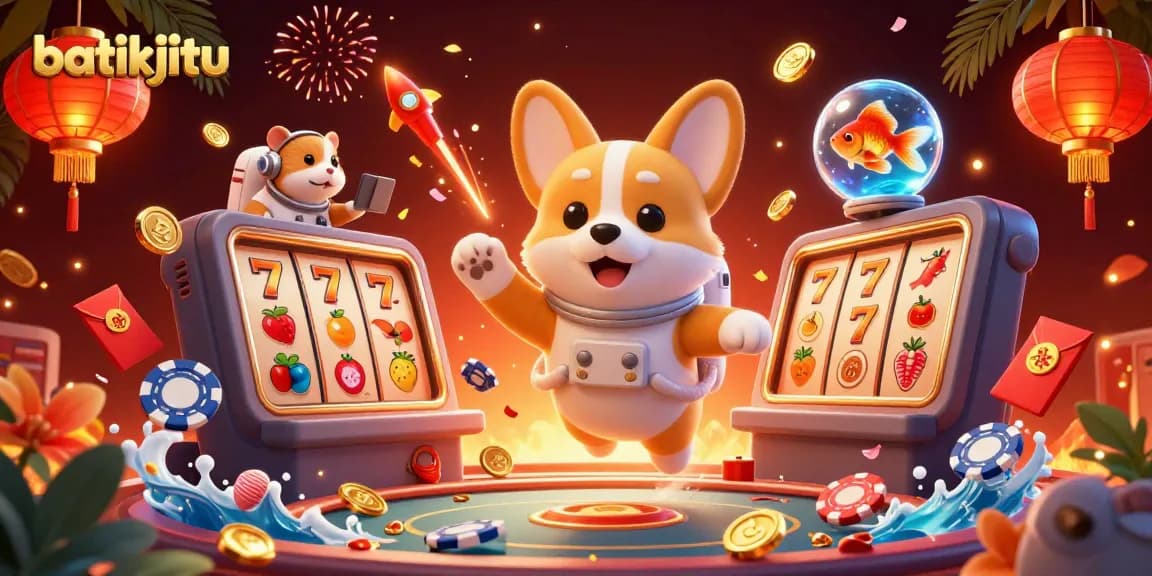 Bermain di batikjitu dengan corgi astronaut dan elemen kasino meriah dalam ilustrasi 3D yang penuh warna.