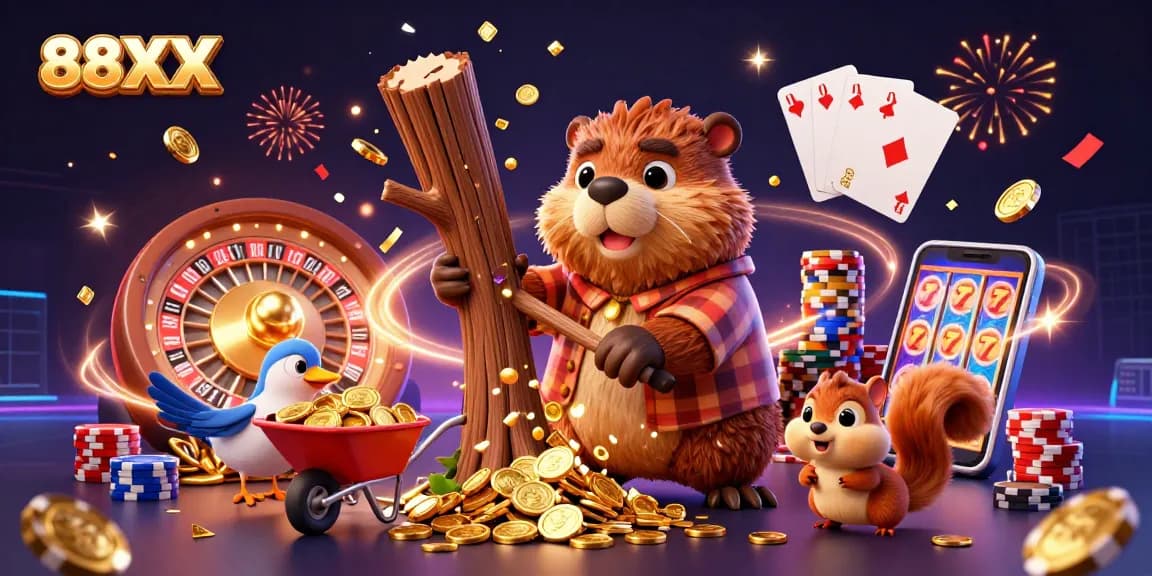 Engage with 88XX while the cartoon beaver chops a tree raining gold coins in a vibrant casino atmosphere.