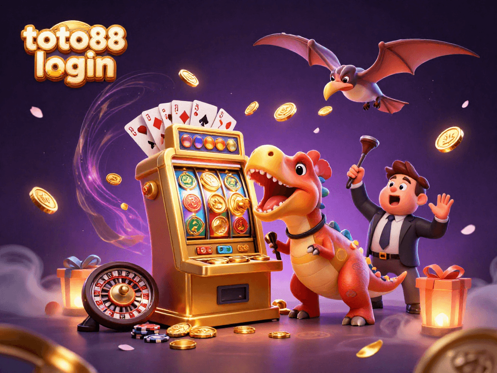 Experience big wins with toto 88 login while a dinosaur activates a jackpot slot machine