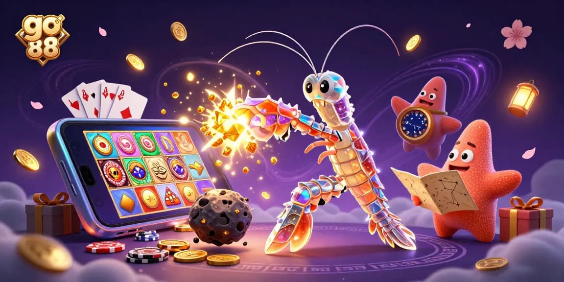 Engage in thrilling gameplay with go 88 as a cartoon mantis shrimp battles asteroids amidst coins and gaming elements.