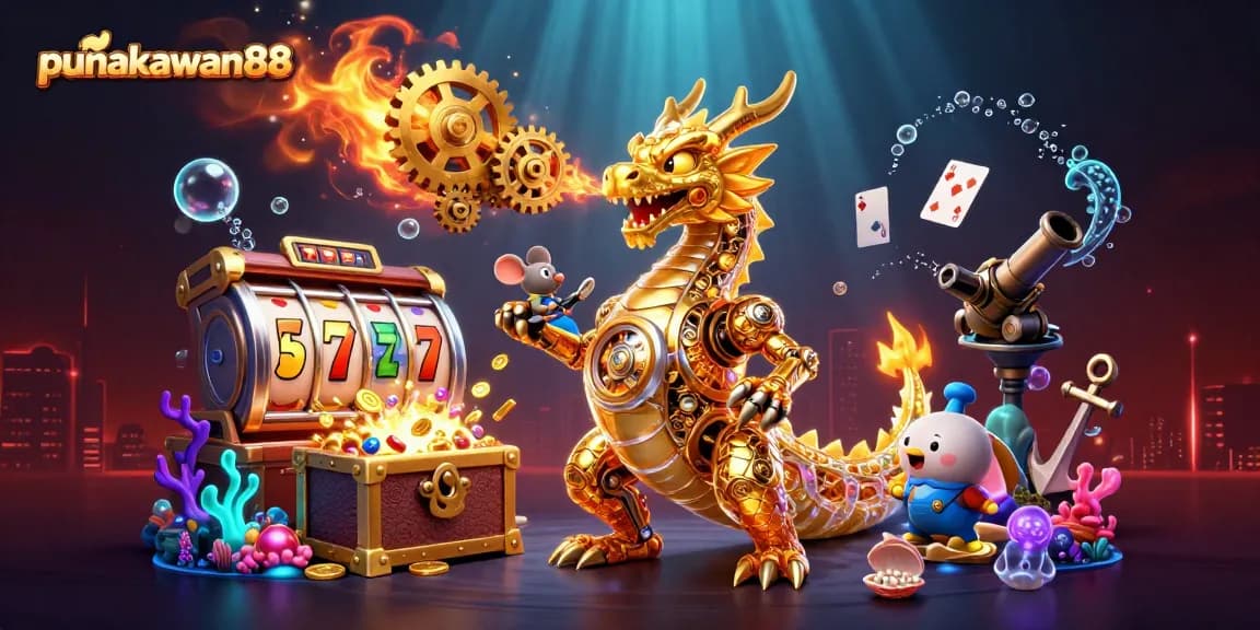 Punakawan88 showcases a vibrant gambling scene with a golden dragon amidst spinning slot reels and treasures.