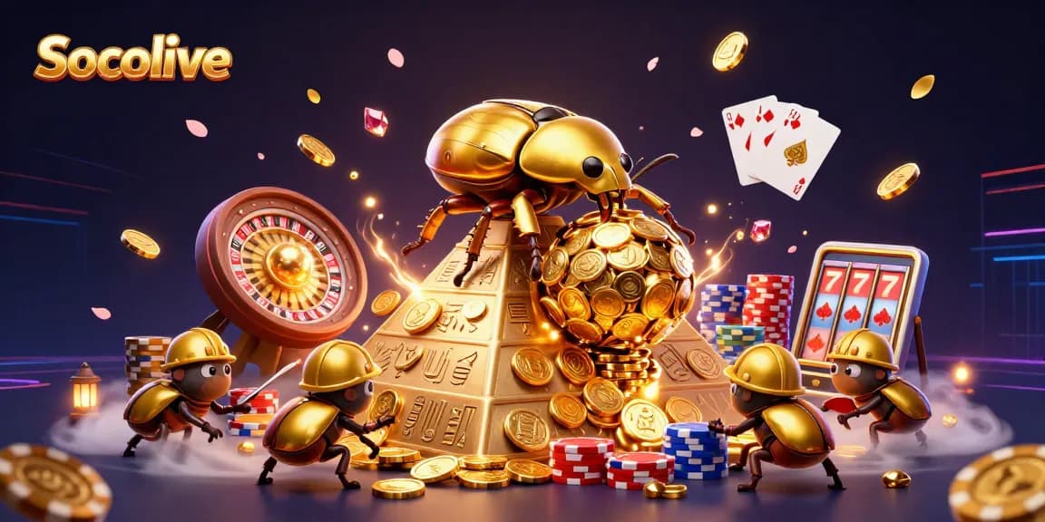 Socolive showcases a 3D visualization of golden beetles in a casino setting, rolling coins to symbolize gambling fortune.