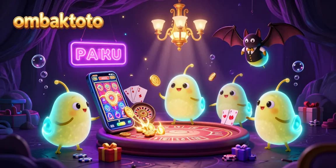 Play slots at ombaktoto's vibrant casino with glowing glowworms and a bat dealer.