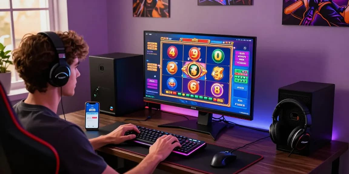 Engaging scene of a player enjoying deposit tanpa minimal slot games at a modern gaming setup with colorful graphics.