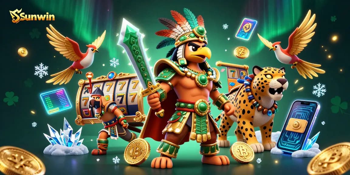 Win big with Sunwin by engaging in exciting slot games featured in a vibrant 3D illustration.