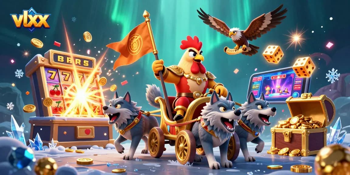 Warlord rooster on a golden chariot amidst casino symbols, embodying excitement with vlxx gaming.