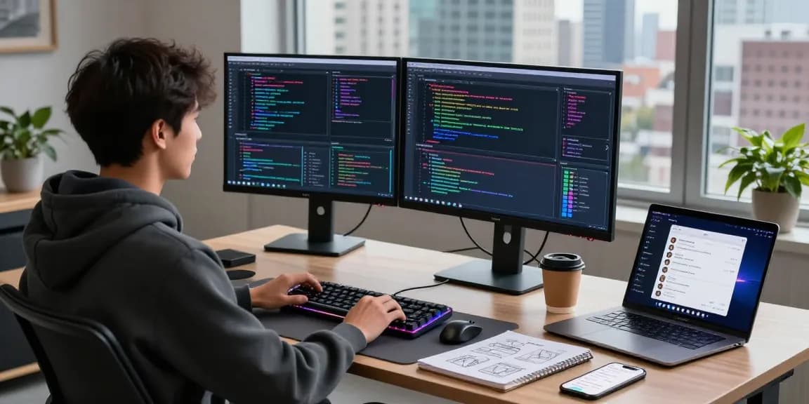 Developer using crush ai in a modern workspace with dual monitors and coding interface.