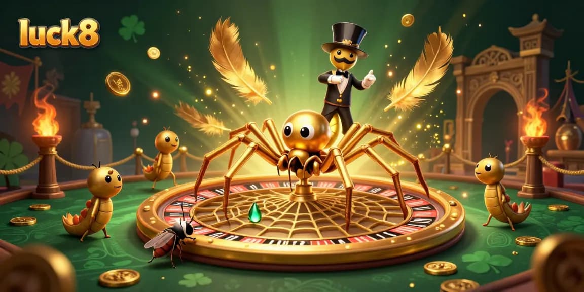 Experience luck8's vibrant casino excitement with a golden spider, croupier, and roulette elements.
