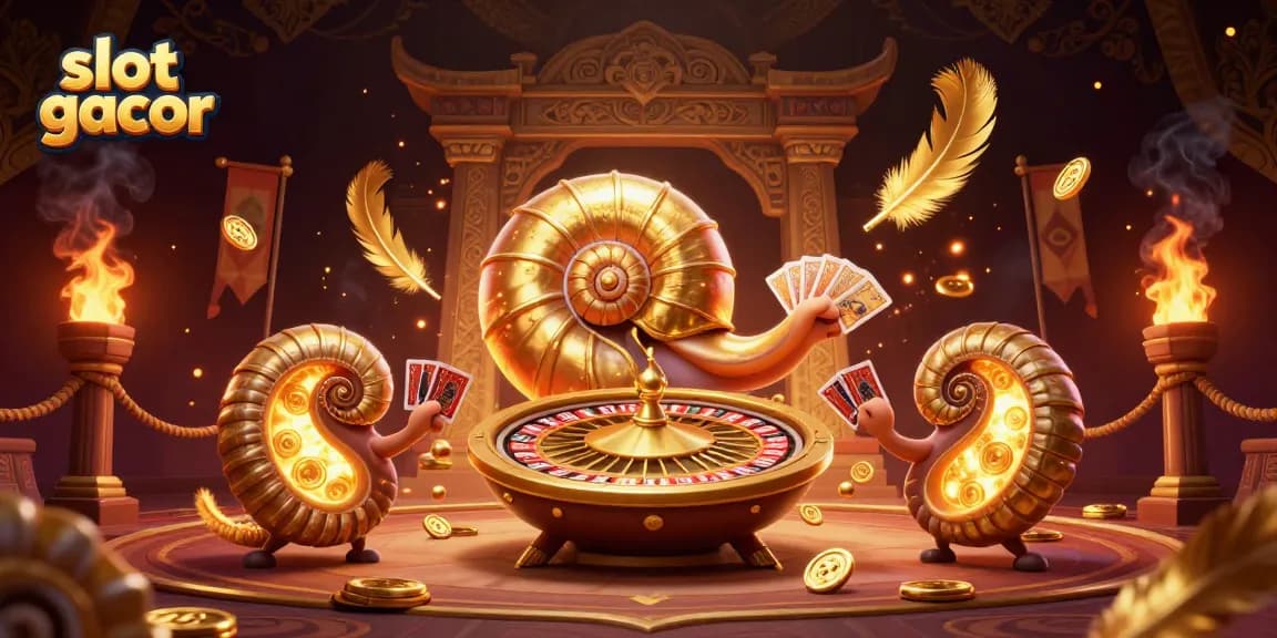 Menang besar di slot gacor dengan nautilus raksasa yang memegang kartu di arena bertemakan kasino.