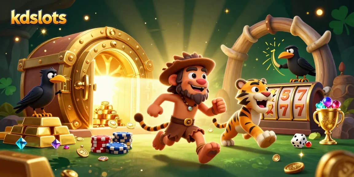 Experience kdslots excitement in a vibrant prehistoric casino with dynamic gaming elements.