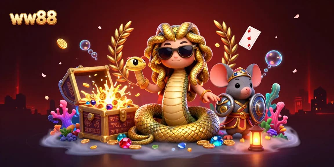 Win big at ww88 with vibrant 3D illustration featuring Medusa, treasures, and a warrior mouse.
