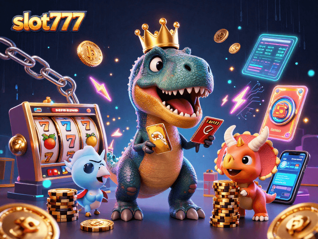 Slot777 dengan T-Rex bermain kartu dan chip emas di latar belakang neon cerah.