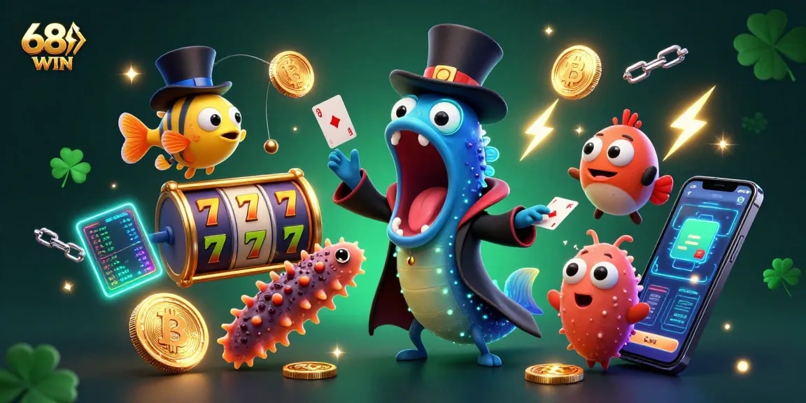 Experience dynamic gaming thrills with 68WIN's 3D illustration featuring magical elements and vibrant jackpots.
