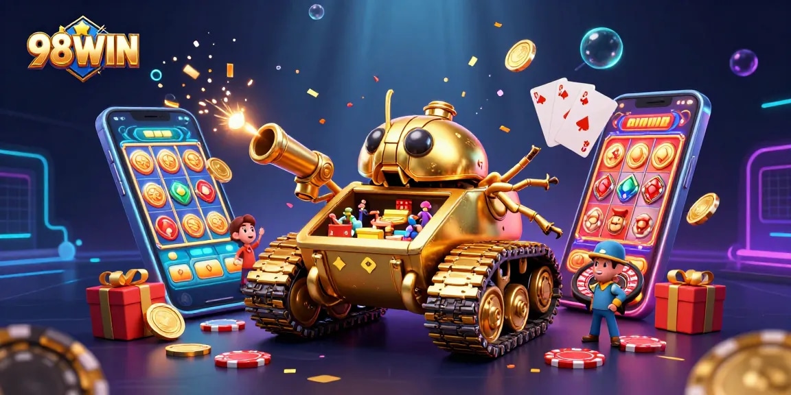 Engage with 98WIN's vibrant casino action, featuring a golden beetle tank with lush gaming elements.