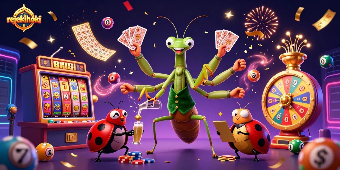 Experience winning at rejekihoki with vibrant 3D casino elements, slot games, and energetic characters.