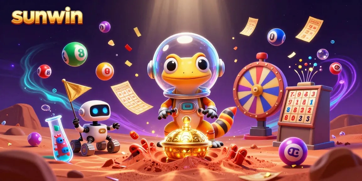 Experience sunwin's vibrant gaming adventure with a Martian gecko exploring a golden casino.