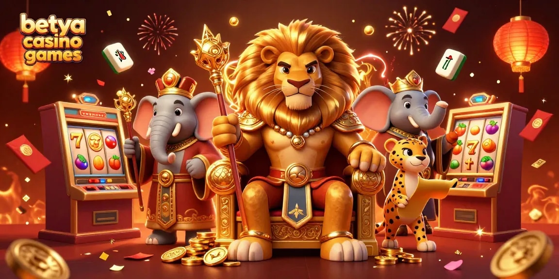 Experience the thrill of betya casino games with fierce lion king, elephant advisor, and cheetah messenger in a vibrant scene.