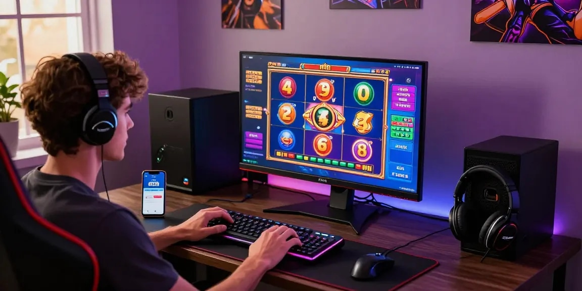Engaging scene of a player enjoying deposit tanpa minimal slot games at a modern gaming setup with colorful graphics.